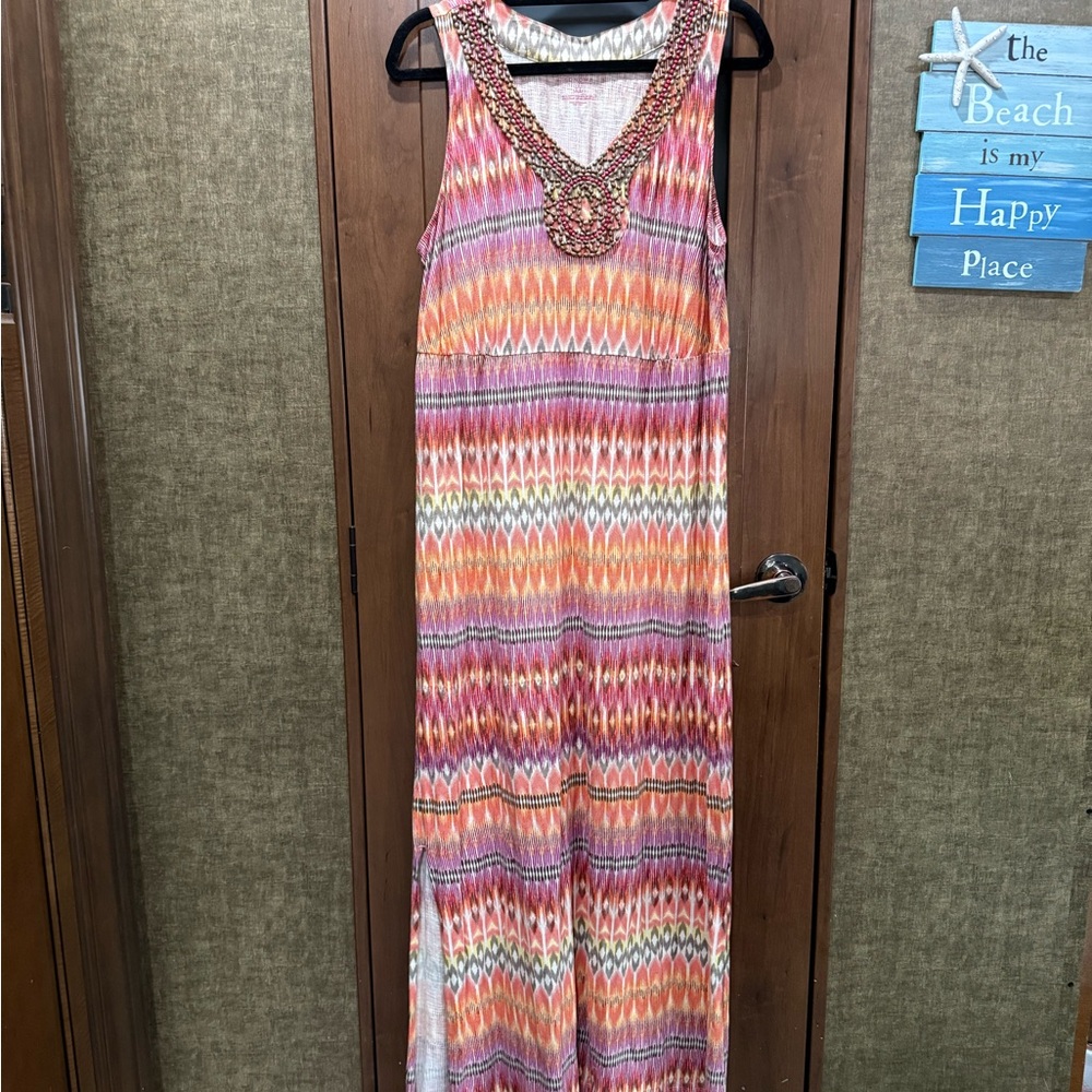 Colorful Sleeveless Maxi Dress with Beaded Neckline